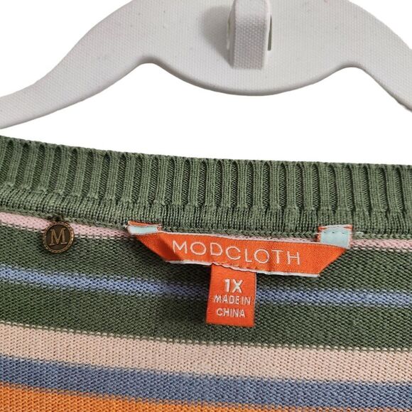 Modcloth Sweater Womens 1X‎ Green Striped Knit V-Neck Pullover 3/4 Sleeve Cotton - Picture 2 of 9